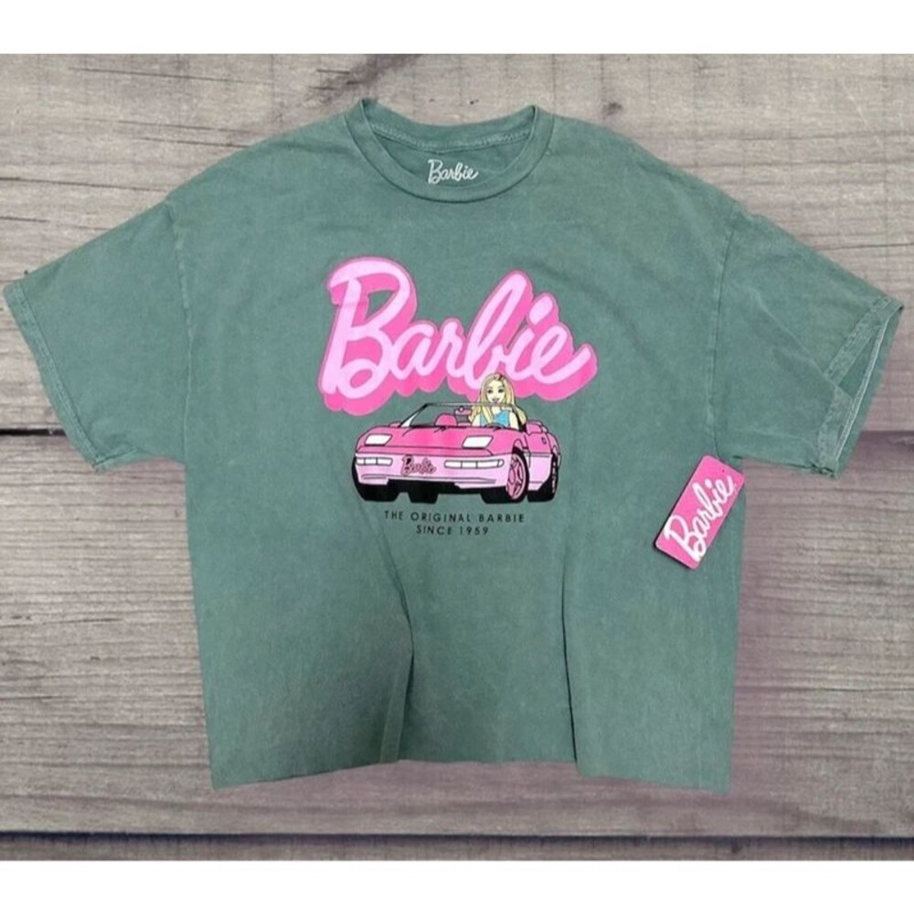New Barbie Top Shirt Green Pink Graphic Car Logo Lettering Cotton Size S